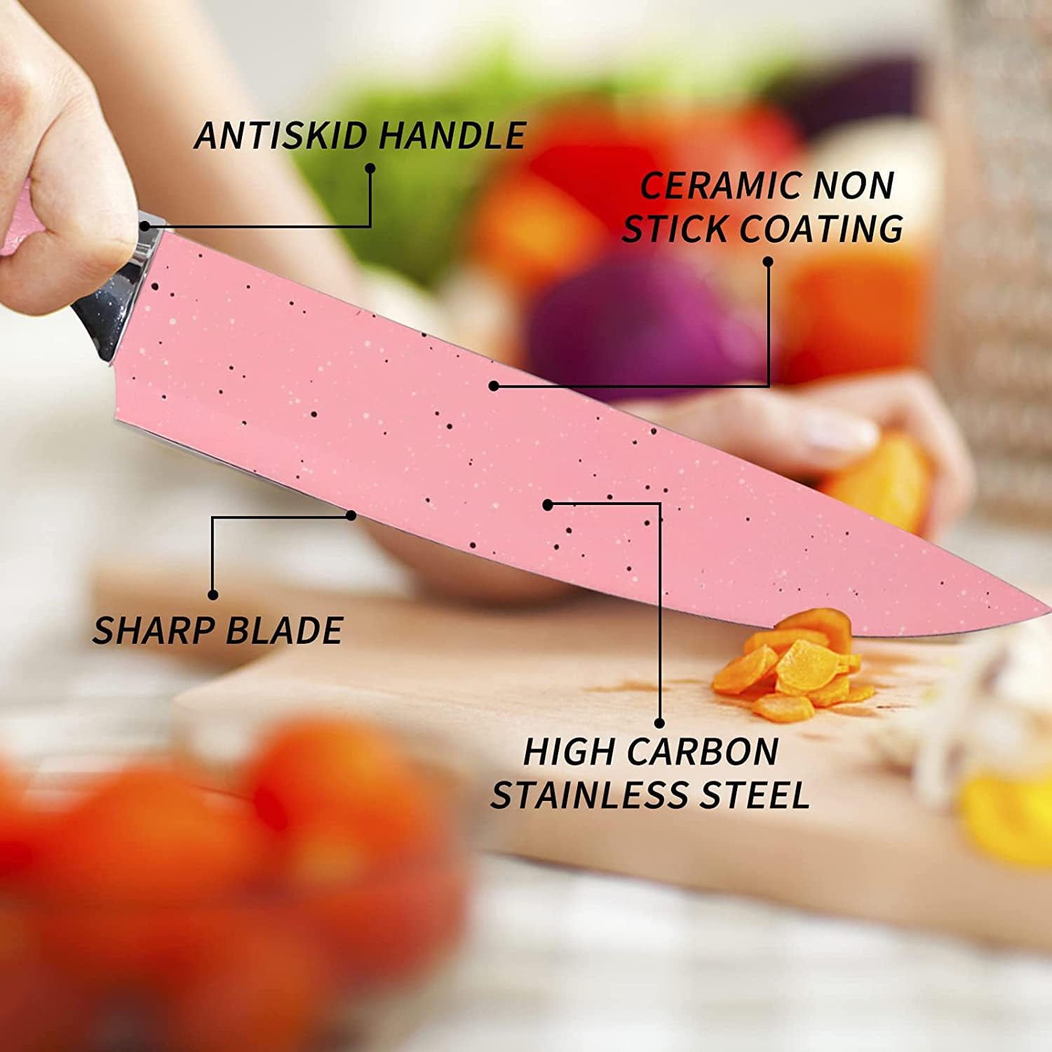 6-Piece Pink Stainless Steel Kitchen Knife Set (Non-Stick Ceramic Coating)