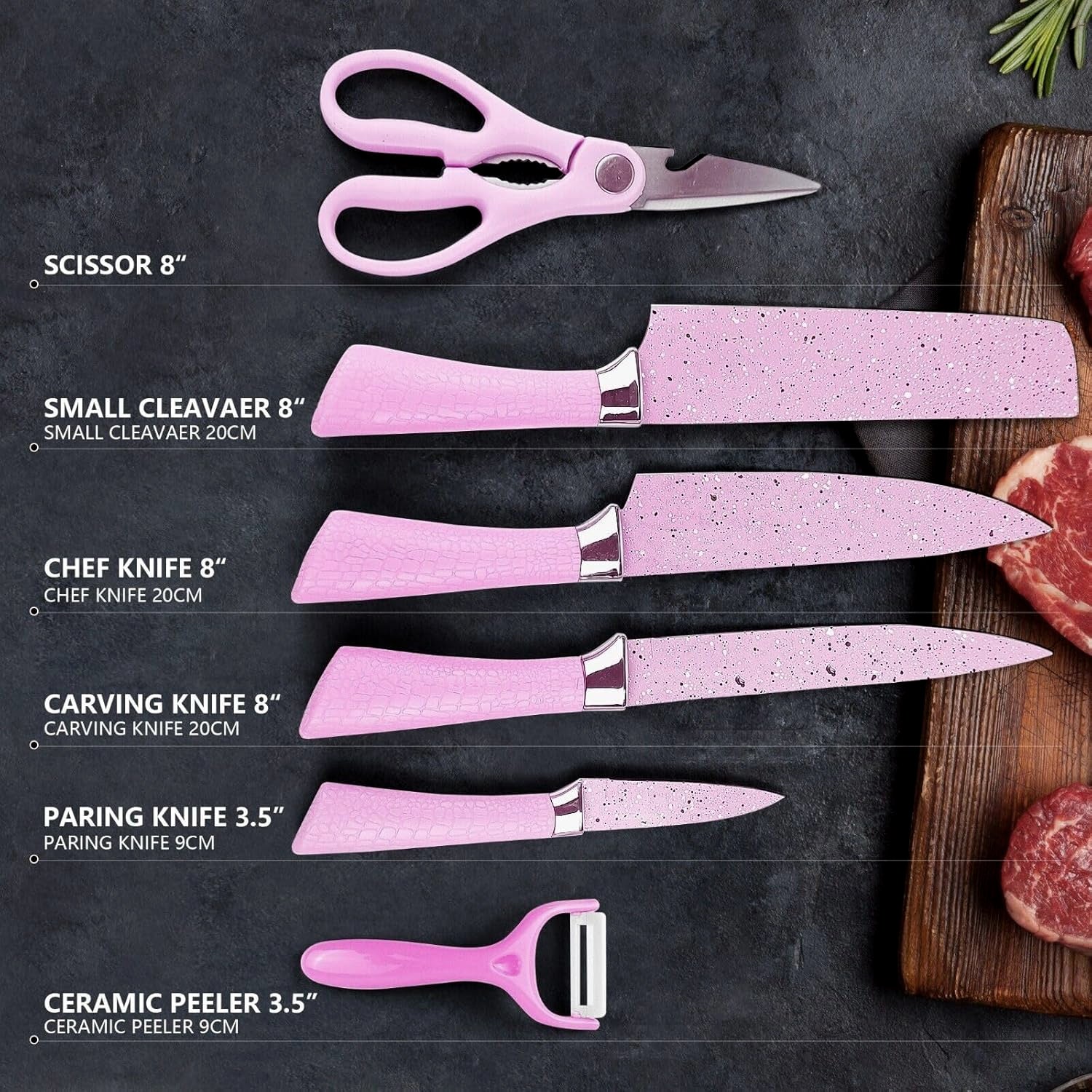 6-Piece Pink Stainless Steel Kitchen Knife Set (Non-Stick Ceramic Coating)