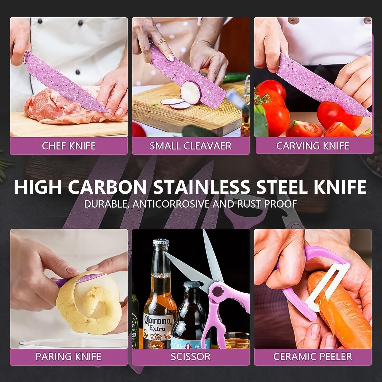 6-Piece Pink Stainless Steel Kitchen Knife Set (Non-Stick Ceramic Coating)